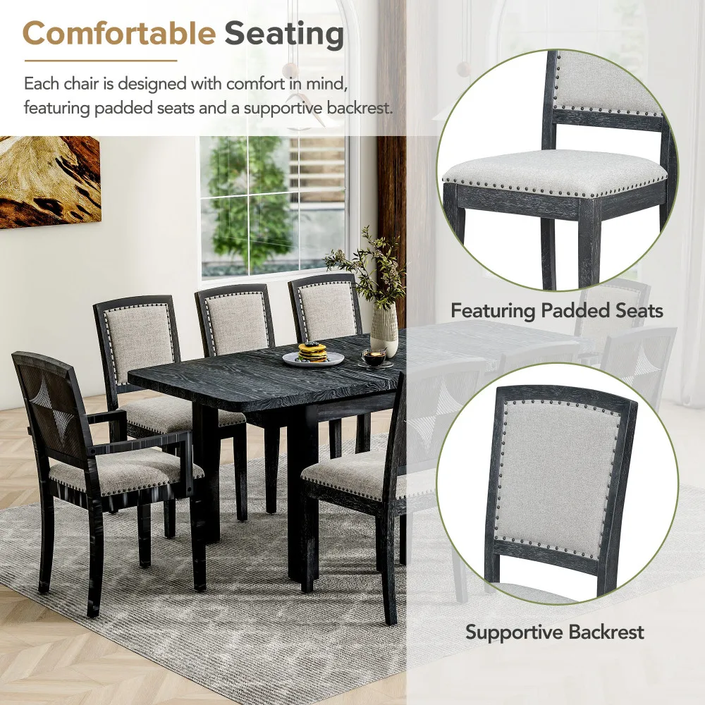 YQXH Rustic Extendable 84inch Dining Table Set with 24inch Removable Leaf , 6 Upholstered Armless Dining Chairs