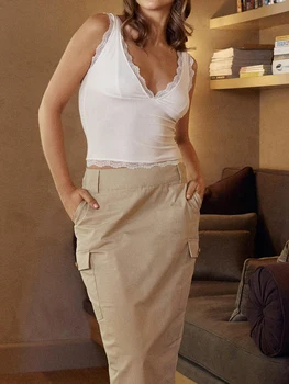 Women Tank Top Sleeveless V-neck Backless Lace Trim Top Fit Summer Clubwear 3