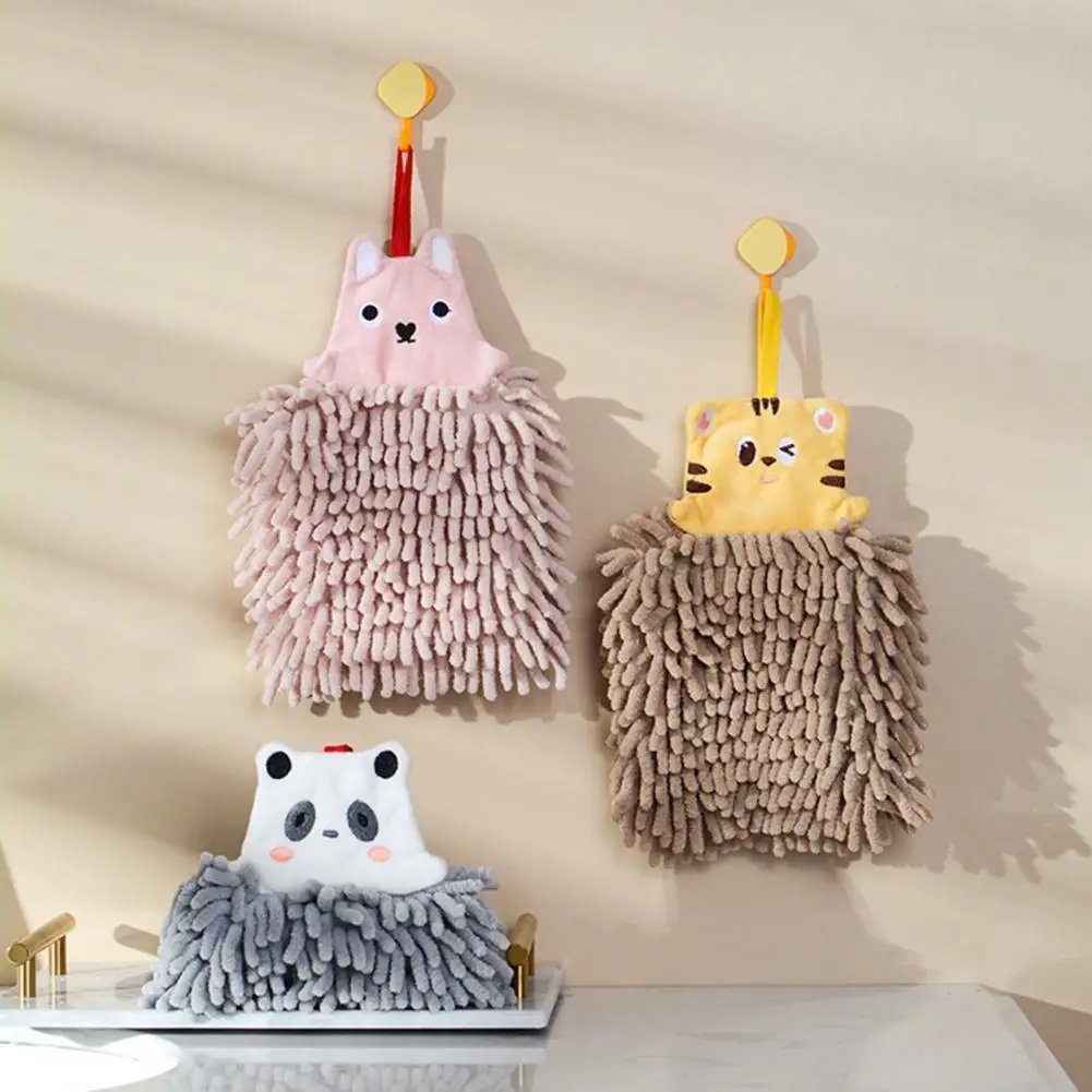 

Hand Towel Soft Strong Absorption Chenille Fast Dry Cartoon Hanging Towel Animal Design Hanging Hand Towel