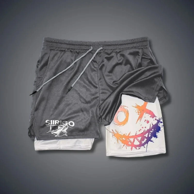 2024 Men's Smiling Face Printed Fitness Shorts Double-Layer 2-in-1 Quick Drying Fitness Outdoor Leisure Training Sports Shorts 3