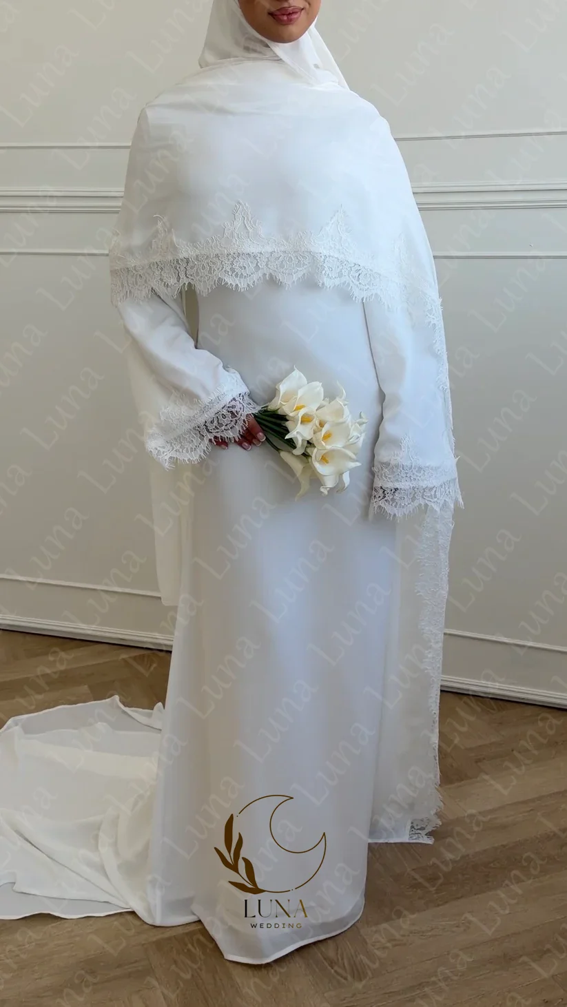 Luna Customized Long Sleeves Muslim Wedding Dresses with Lace Cape Sleeves Court Train Bridal Gown 2026 New Evening Gown