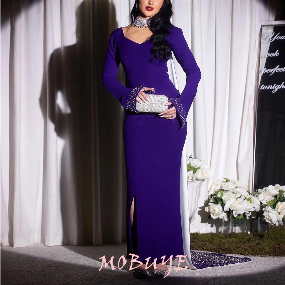 

MOBUYE 2024 Popular V Neck Prom Dress Ankle-Length With Long Sleeves Evening Fashion Elegant Party Dress For Women