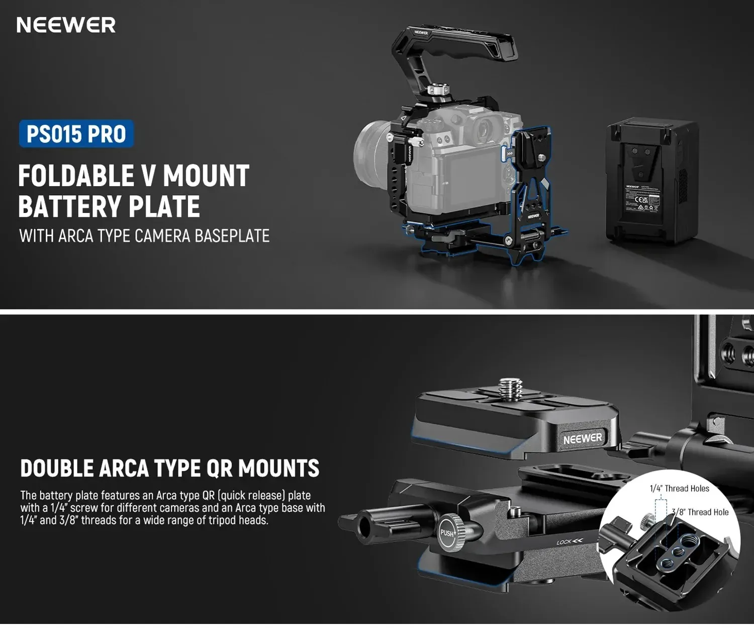 NEEWER PS015 Pro faltbare V-Mount-Batterieplatte mit Arca Quick Release-Grundplatte 10106370 – Detail 1
