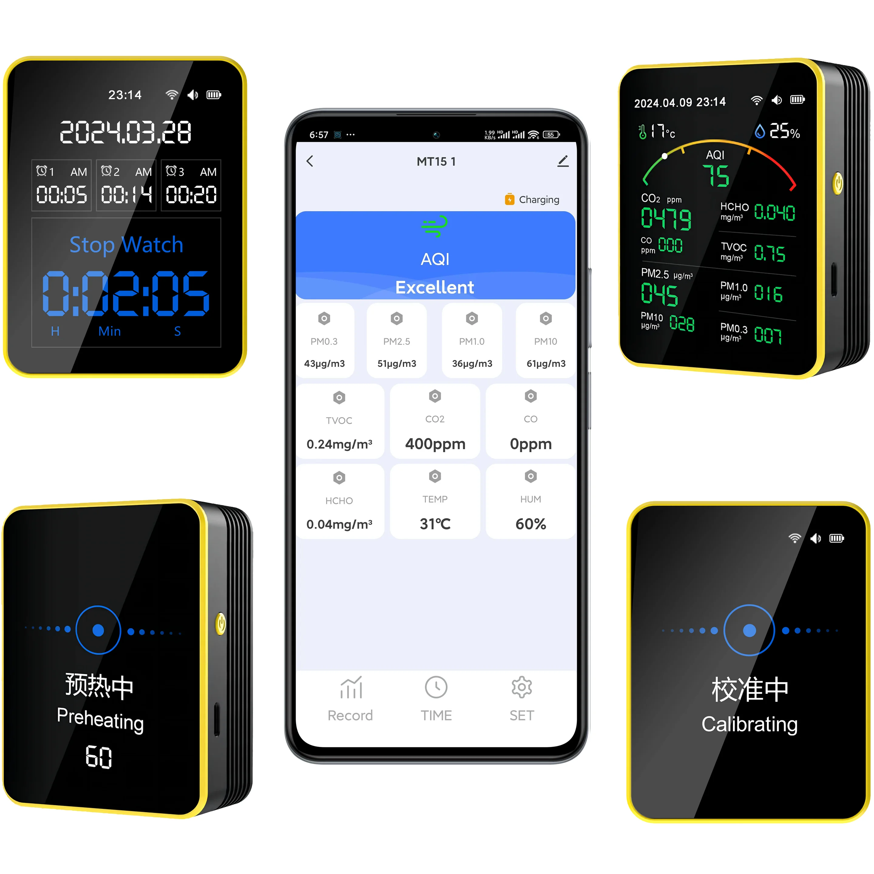 투야 스마트 와이파이 디지털 공기질 감지기, LCD 충전식 감지기, CO2, CO, TVOC, HCHO, PM2.5, PM1.0, PM10, 온도, 휴미, 타이머, 15 인 1