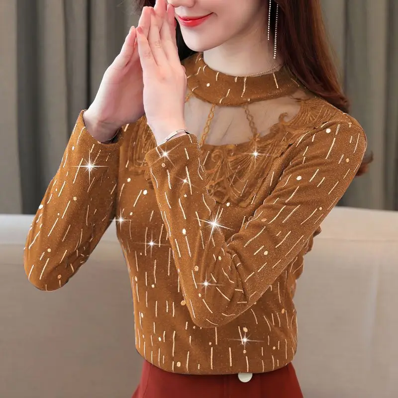 Elegant Gauze Spliced Lace Bright Silk Shirts Women's Clothing 2023 Autumn Winter Loose Korean Pullovers Office Lady Shirts