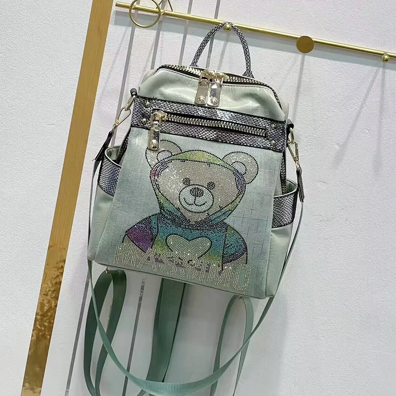 

New Fashion Shiny Rhinestone Brand Cute Bear Backpack Designer Waterproof Leather Luxury Large Capacity Travel Schoolbag Mochila