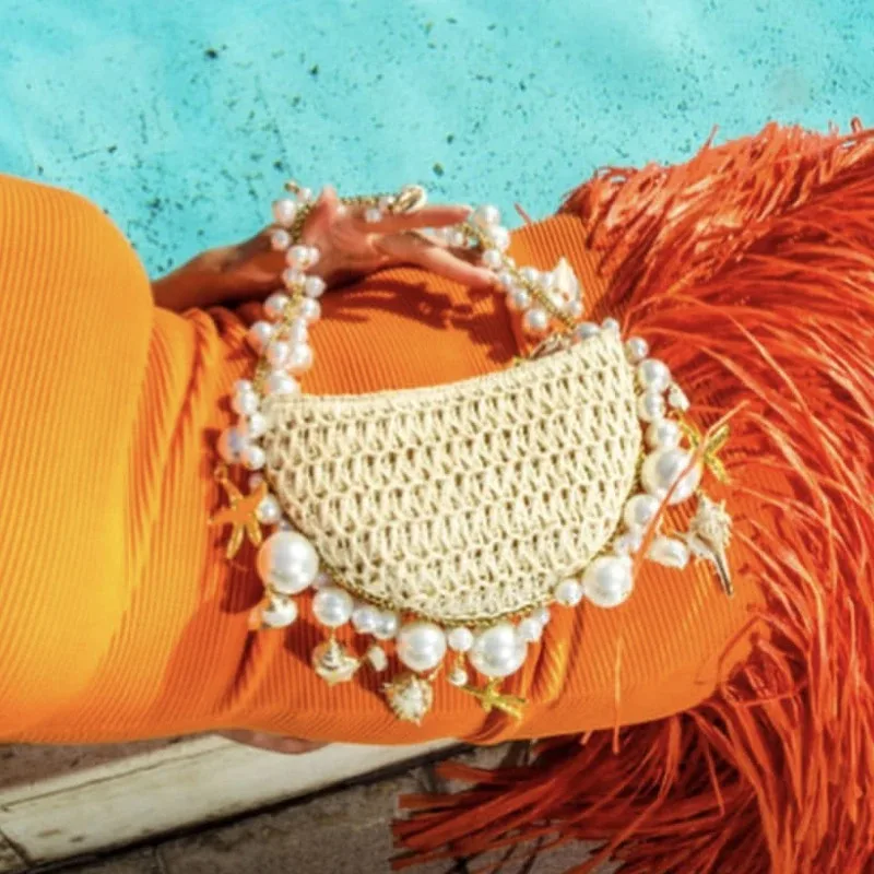 Cute Bohemian Pearls Straw Bag Hand-Woven Conch Starfish Handbags Half Moon Shoulder Bags Rattan Seaside Travel Underarm Pouch