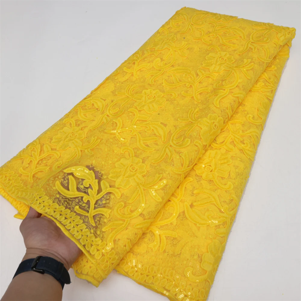 

Latest Yellow African Lace Fabric 2023 High Quality Lace French Milk Silk Lace Fabric With Sequins Nigeria Party Dress LY2395