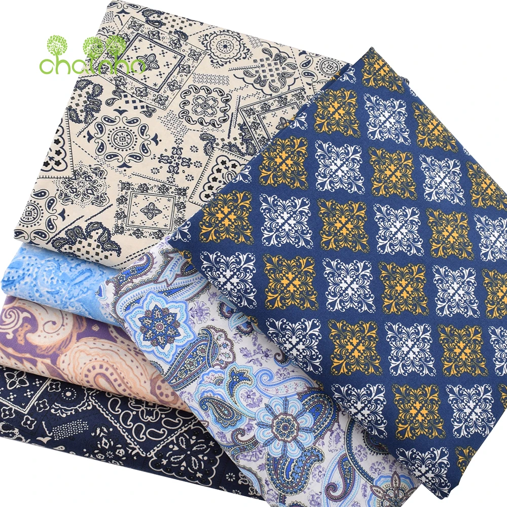 Chainho,Printed Plain Weave Poplin Cotton Fabric,DIY Quilting Sewing Material,Patchwork Cloth,Floral Series,3 Sizes,15PC154
