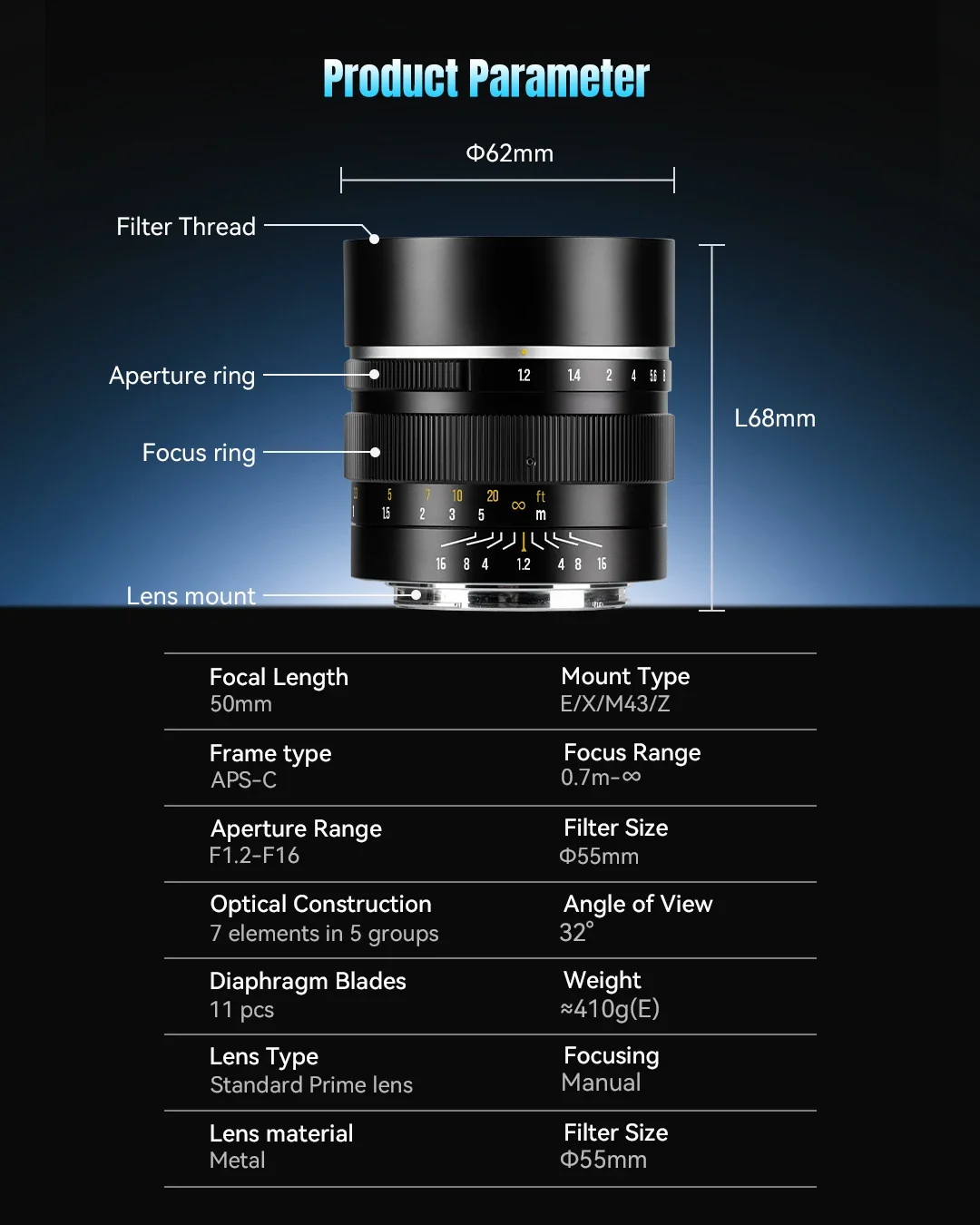7artisans 50mm F1.2 수동 초점 대구경 ABS-C 프라임 렌즈 ( E/후지 X/니콘 Z/MFT 마운트 카메라용) 몽환적인 보케 효과