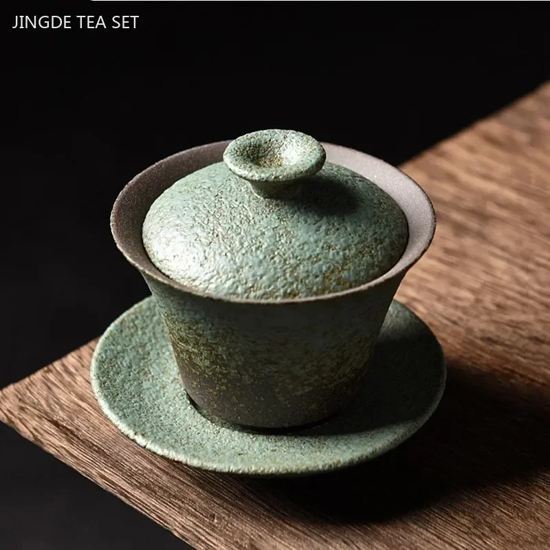 180ML Retro Coarse Pottery Three Gaiwan Household Kiln Change Ceramic Teacup Portable Beauty Tea Bowl Traditional Tea Set