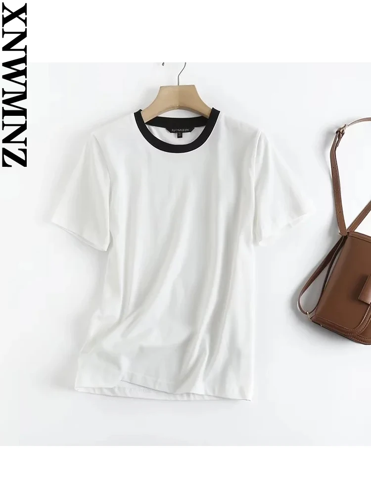 

XNWMNZ 2023 модная женская хлопковая контрастная облегающая футболка с коротким рукавом женская Повседневная универсальная с круглым вырезом простая Женская шикарная футболка