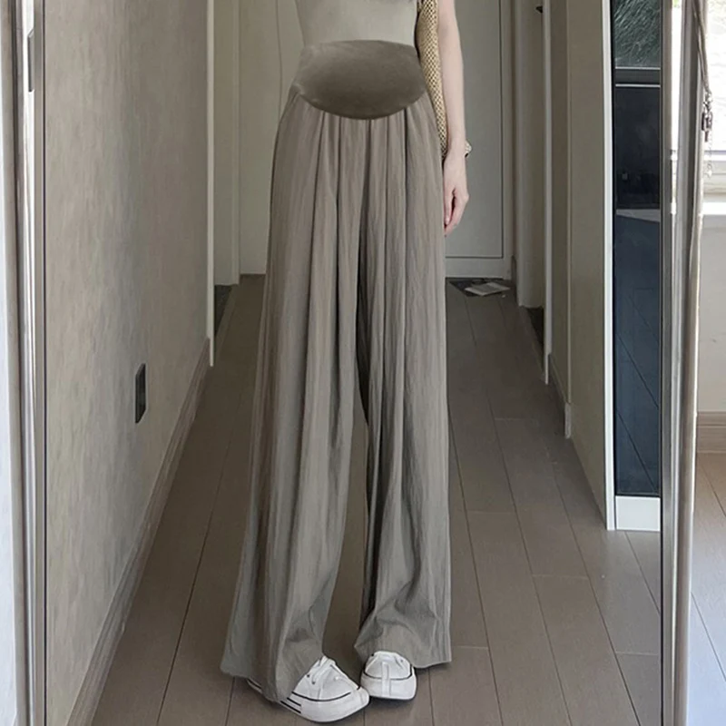 Japanese Style Pregnant Women Trousers for Summer High Waist Floor-length Maternity Cotton Linen Pants Long Loose Pleated Pants