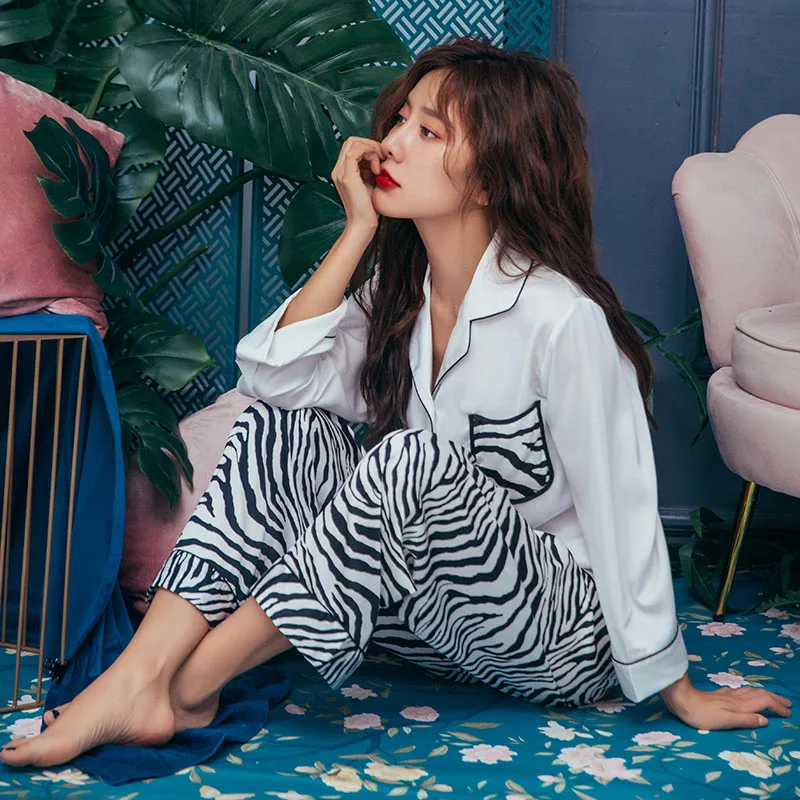 

Tulin Fashion Zebra Print Women's Pajamas Pajamas Women Suits 2 Pieces Satin Sleepwear Female Homewear Long Sleeve Phoentin