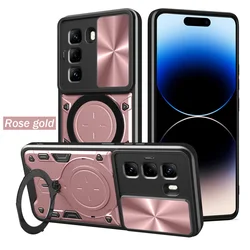 Enhanced Metal Ring Holder Magnet Car Mount Case with Rotating Cover for Infinix Smart 8 (Rose Gold)