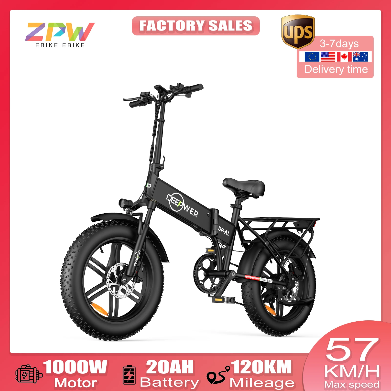 ZPW A1 20 inch Ebike 1000W 48V 20AH Off-road Adult Electric Bike Folding Mountain Snow Fat Tire Electric Bicycle