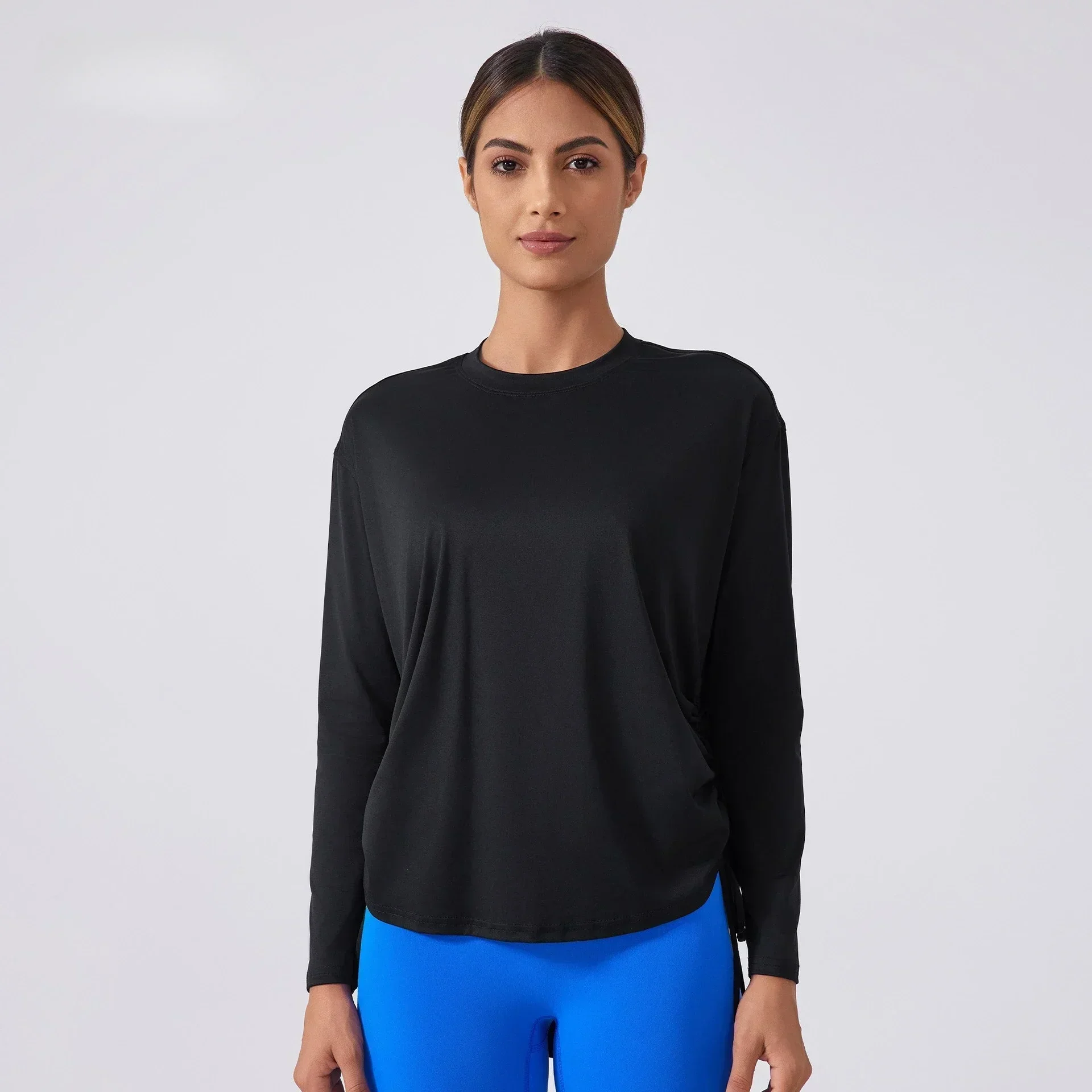 Lemon Breathable Quick-drying Yoga Tops Drawstring Pleated TEE Loose Comfortable Round Neck Outdoor Sports Long-sleeved Shirt 5