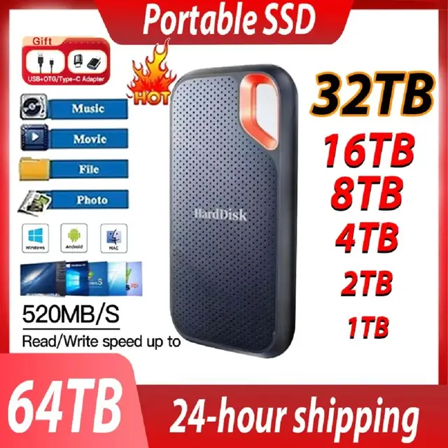 1 تيرا بايت SSD خارجي 2 تيرا بايت محرك أقراص الحالة الصلبة المحمولة قرص صلب عالي السرعة USB 3.1/جهاز تخزين من النوع C لأجهزة الكمبيوتر المحمولة/سطح المكتب/ماك/الهاتف 1