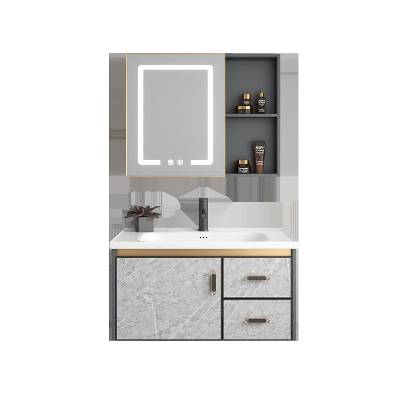 Dark gray stone pattern aluminum alloy bathroom cabinet combination bathroom ceramic integrated basin wall-mounted washbasin was