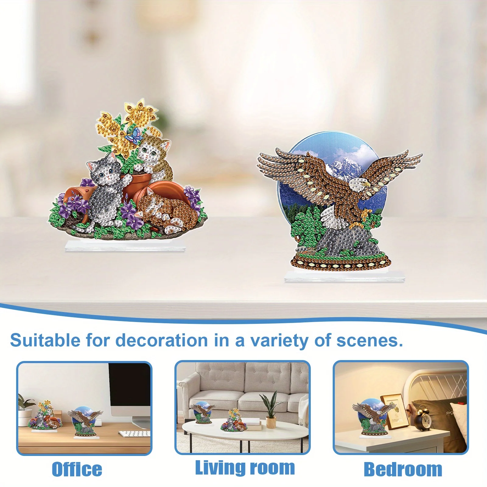 Diamond Painting 2PCS Stand Up Diamond Art Painting Kit Ornament Eagle and Cats 5D DIY Irregular Shaped Crystal Diamond Painting Table Ornaments