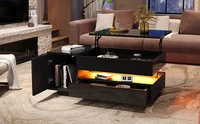 Table basse noire 95x50x40 cm avec plateau relevable, 1 tiroir, 1 armoire et éclairage LED – Table à thé brillante avec rangement dissimulé et semi-ouvert – Gain de place pour le salon – MDF robuste, montage facile – Moderne et fonctionnelle 4