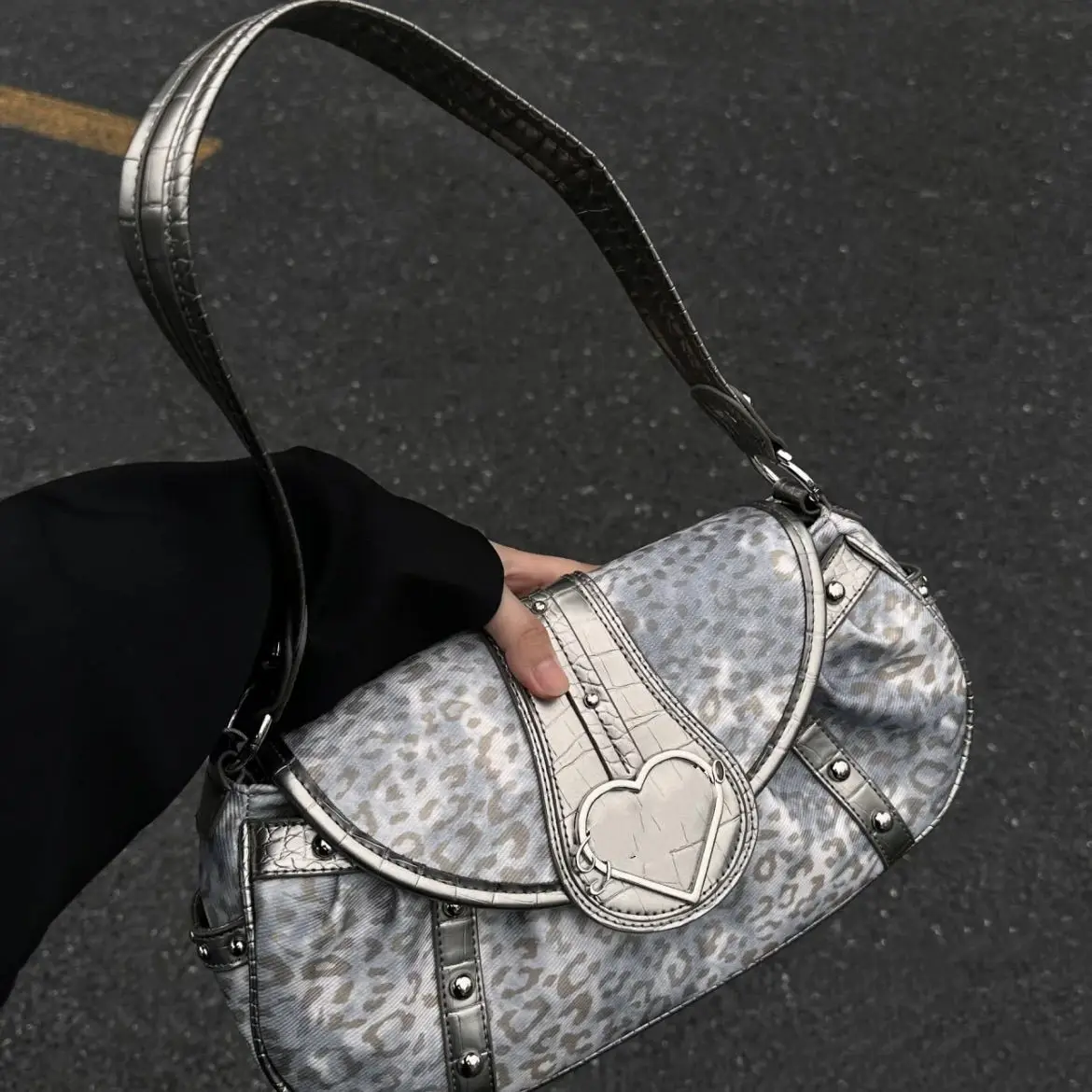 JIAERDI Leopard Print Y2k Handbag Women Hot Girl Heart Large Capacity Silver Shoulder Bags Purse Ladies Vintage Crossbody Bag