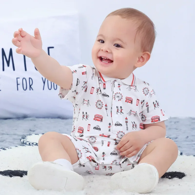 

Summer high quality Baby clothes baby jumpsuit Cotton print Short sleeved lapel Cartoon Newborn Baby boy girl romper 3-24M