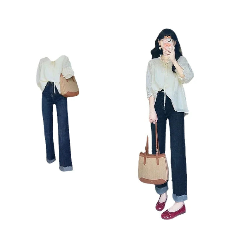 

Лето 2023, Новая Женская Корейская версия комплекта, шикарные облегающие топы, узкие прямые джинсы с высокой талией, комплект из двух предметов Y2K