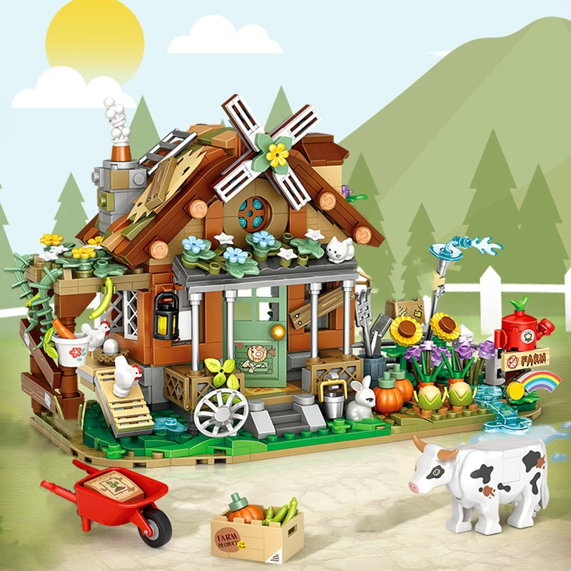 

Country House Building Block Set DIY Farm Windmill Animal Model Small Particle Assembled Bricks Children's Toys Holiday Gifts