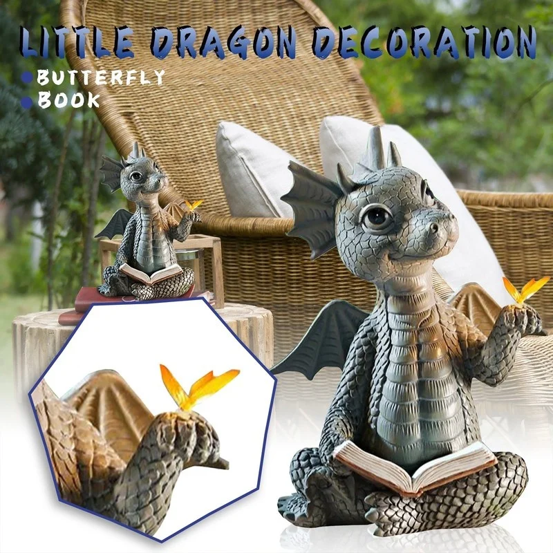 

Little Dragon Dinosaur Meditation Reading Book Sculpture Figure Garden Yard Home Decor Resin Ornament Statue Home Decor