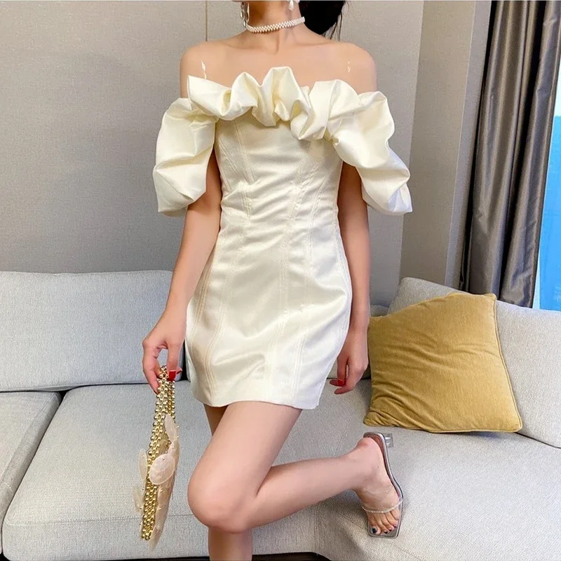 

Women Summer Cottagecore Sexy White Mini Dress New Sweet Slash Neck Petal Sleeve Cascading Ruffles Solid Wrapped Hip Fairy Dress