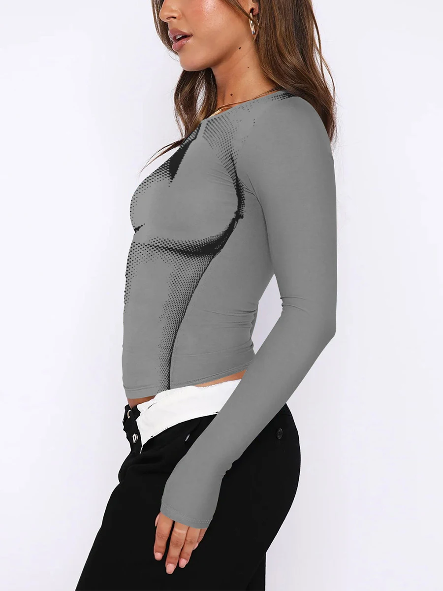 

Женские готические облегающие укороченные топы s, винтажная блузка с длинным рукавом и абстрактным рисунком, осенние Рубашки с круглым вырезом