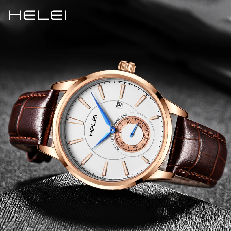 HELEI2024 Men's Luxury Quartz WatchLeather Quartz WatchMen's Self-Winding Calendar Display Bar Dial Business Pointer Watch