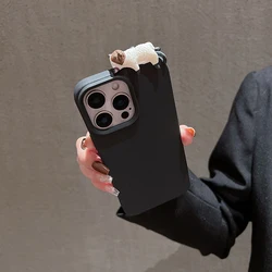 Cute 3D Cartoon Lying Cat Lychee Pattern Leather Phone Case - Lovely Soft Cover for iPhone 15 Plus (Black)