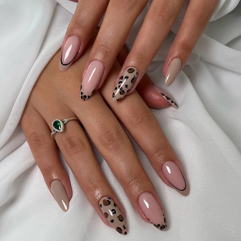 Unha Para 2025: Minhas Experiências Reais com as Unhas Postiças Pink Almond  em Estampa Leopardo, image size:1000x1000