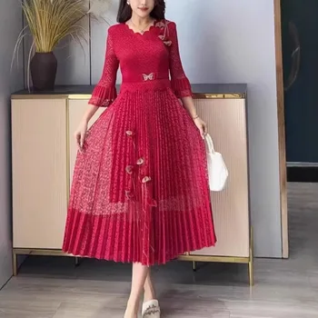 Miyake Pleated Plus Size Dresses 2026 European New Fashion Flower Elegant Lace Long Dress African Plus Size Women's Clothing 1