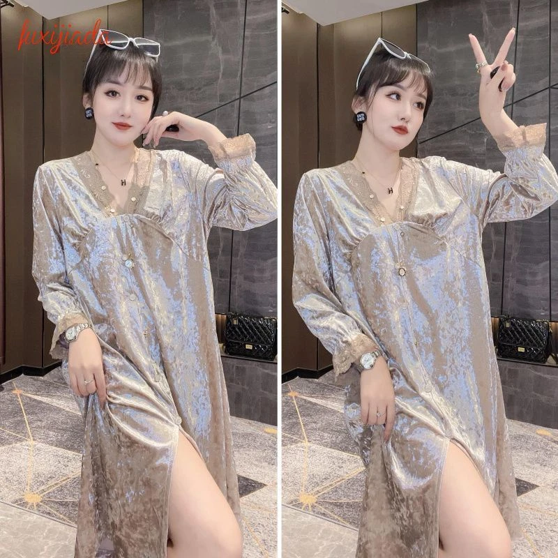 

In Vogue Pleuchet Loungewear Pajamas women Long Sleeve Style Sex Appeal Nightdress Can Worn Outside Solid Color All-season Wear