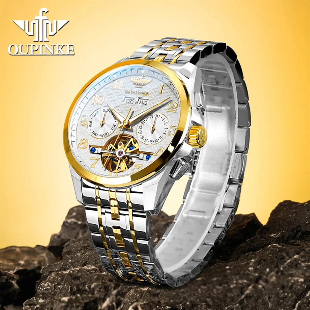 OUPINKE 3263 Man Watch Top Brand Number Scale Hollow Skeleton Automatic Watch For Men Date Mechanical Wristwatch 50M Waterproof