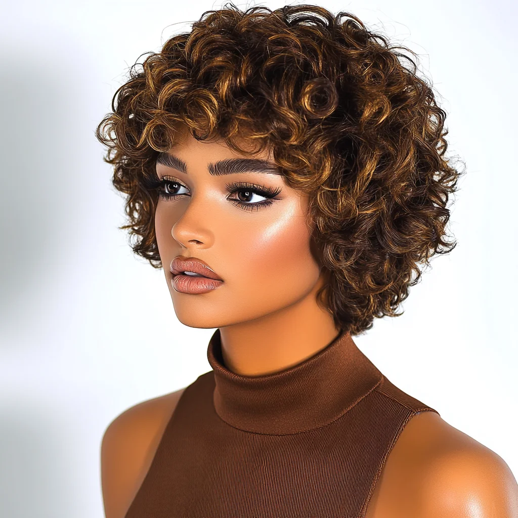 Black Peal Fluffy Pixie Cut Short Curly Human Hair Wigs with Bangs Machine Made Real Hair Wigs Pixie Cut Wig Human