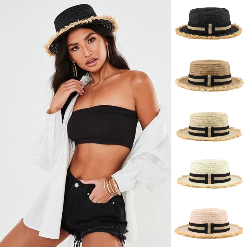 

Men Women Soft Straw Boater Hats Summer Sunhat Flat Top Caps Sailor Sombrero Beach Fedora Trilby Size US 7 1/8-7 1/4 UK M-L