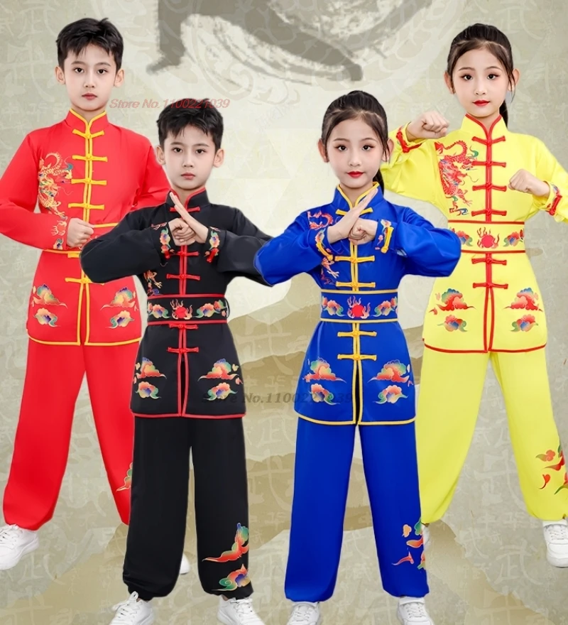 

2024 chinese children traditional dragon print wushu suit kung fu shaolin uniform martial arts performance exercise practice set