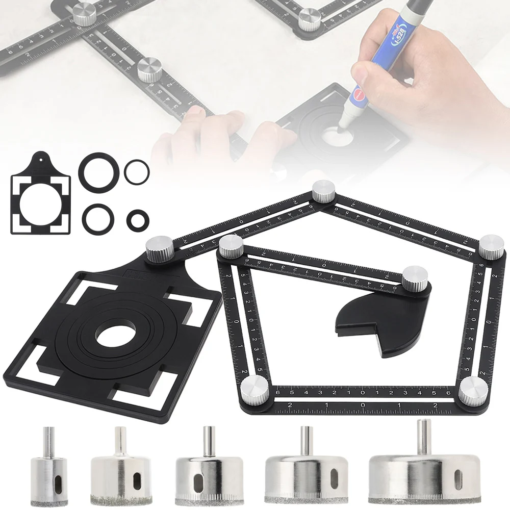 

Multi Metal Protractor Angle Measuring Ruler Drill Bits Hole Saw Set with Right Angle Positioning Fish Tail Tile Marble Glass