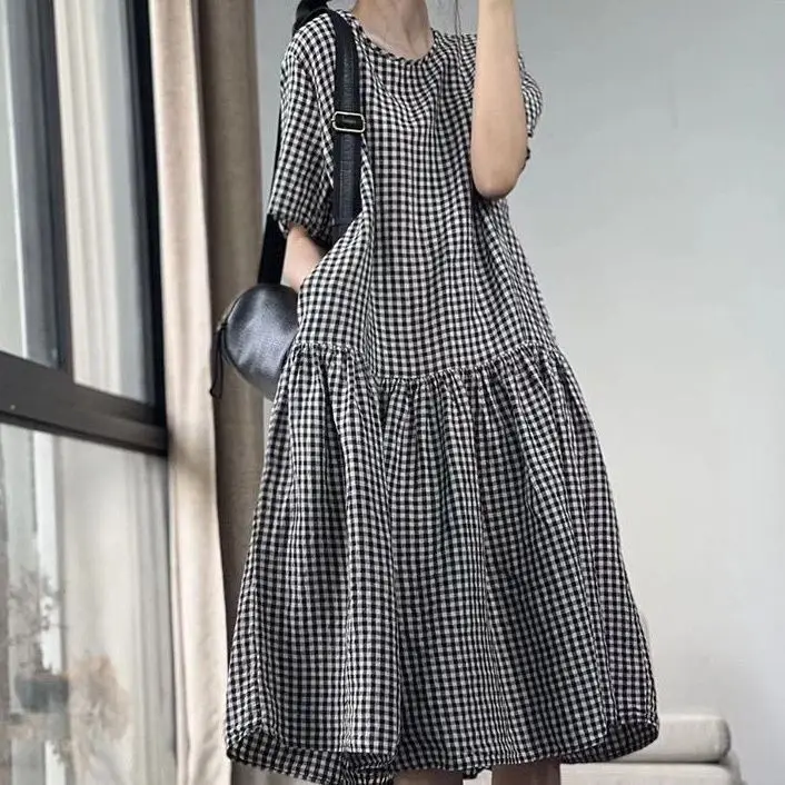 

2024 Women Summer Fashion Short Sleeve O-Neck Vestidos Female Plaid A-line Dresses Ladies Streetwear Loose Oversized Dress X28