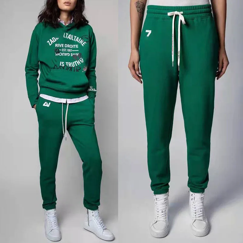 

Zadig Fashion Hoodie Women Loose Pants Set Long Sleeve Spring Sweatshirt Female Chic Letter Print Casual Hooded Pullover Top