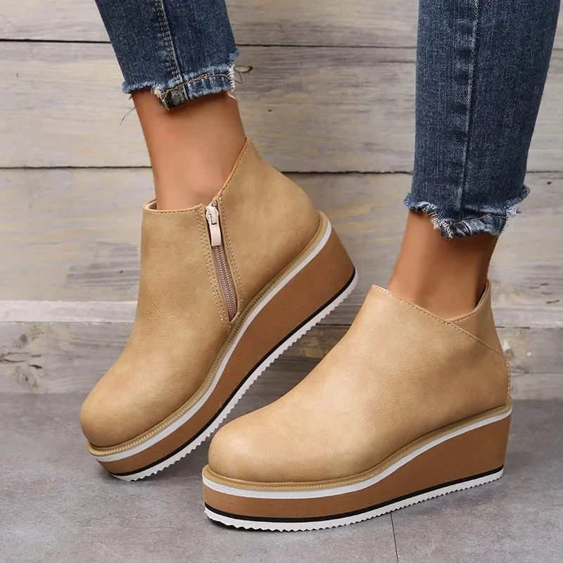 Women's Autumn Boots Round Toe Comfortable Platform Shoes Non-Slip Casual Lady Ankle Boots Side Zip Retro Female Mujer Zapatos