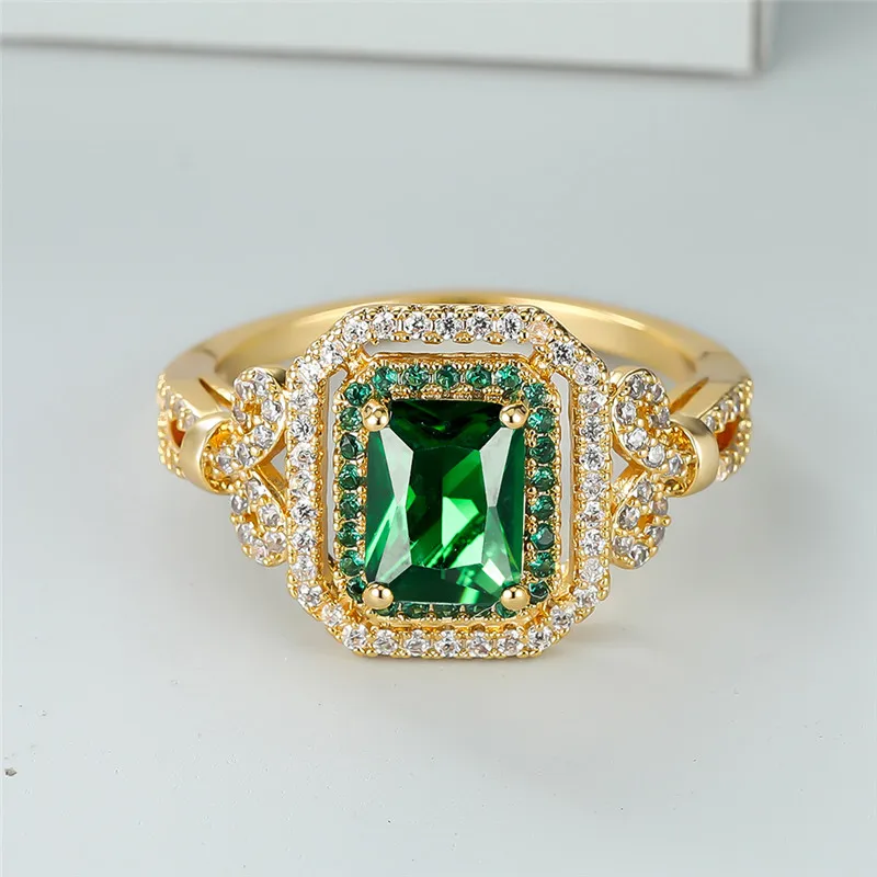 Classic Gold Color Wedding Ring Female Luxury Crystal Engagement Ring Green Zircon Square Stone Rings For Women Minimalist Bands