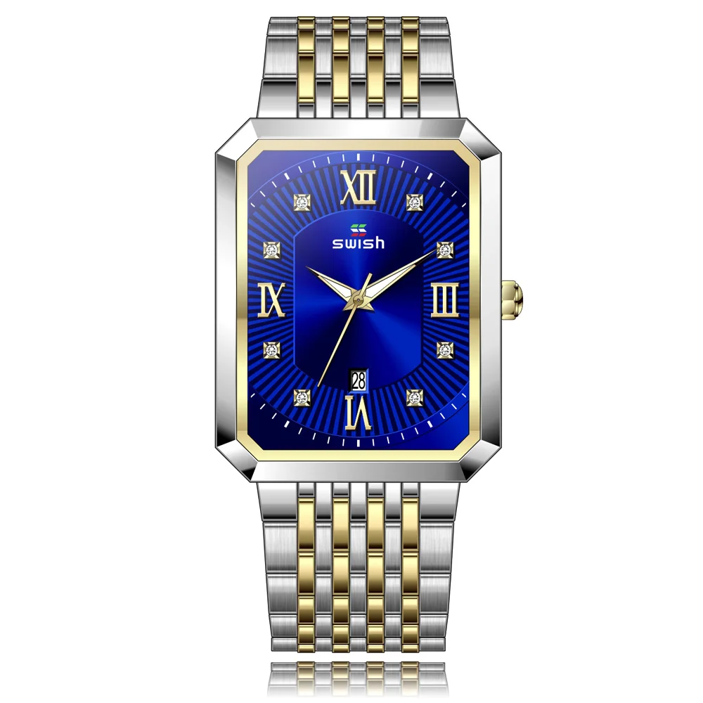 Swish Top Silver Quartz Watch for Man Roman Index Date Rectangle Case Sport Wristwatch Relogio Masculino Waterproof