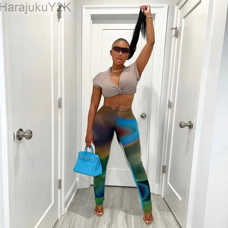 

Летние обтягивающие уличные женские брюки с высокой талией и принтом в виде галстука-красителя, женские модные синие Леггинсы в сеточку, брюки для женщин 2022