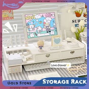 Desktop Added Shelf with Drawers Computer Monitor Stand Office Desk Storage Rack Dormitory Laptop Holder Stationery Organizer 1