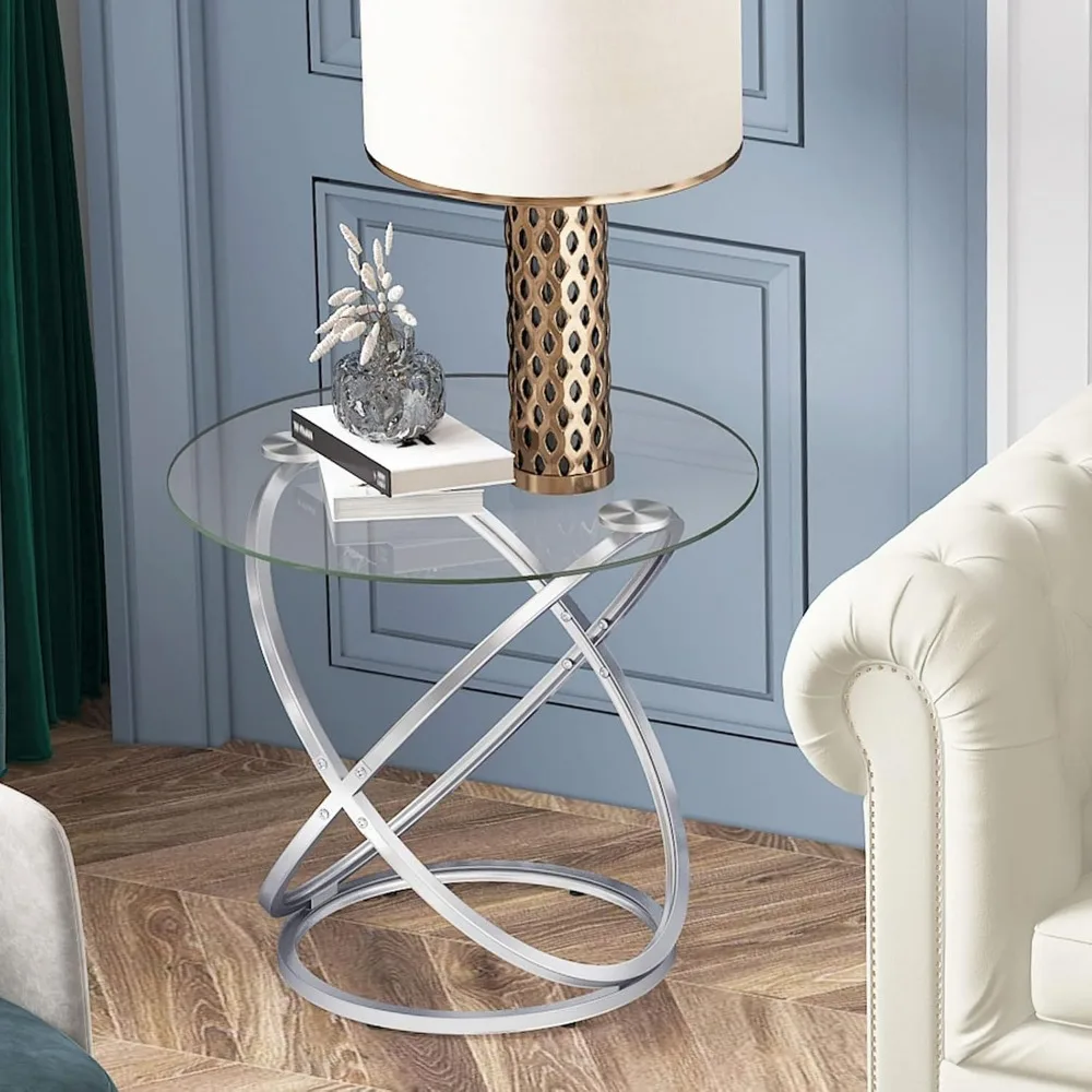 Glass Round End Table, Modern Contemporary Side Table for Small Space with Tempered Glass Tabletop For Living Room,